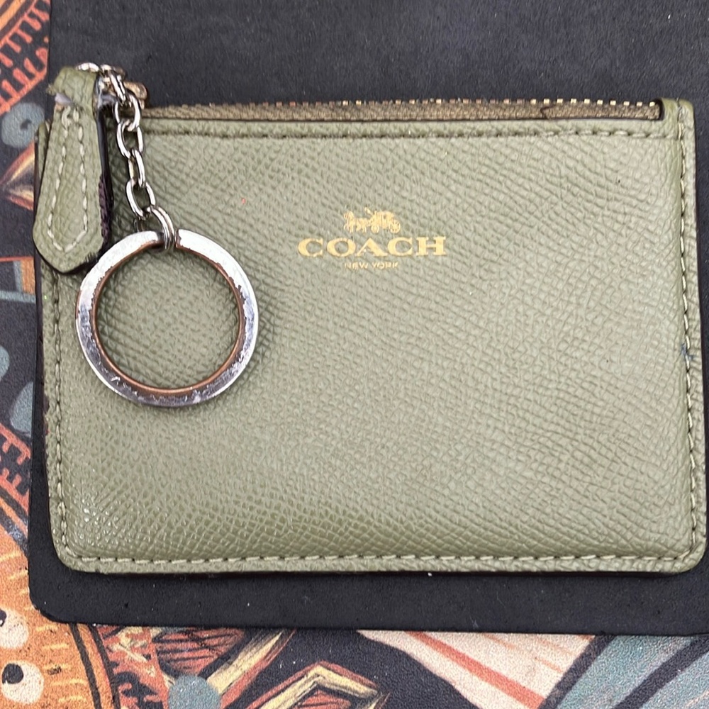 Coach Mini Skinny Zippered Coin Purse Key Chain Olive Green
